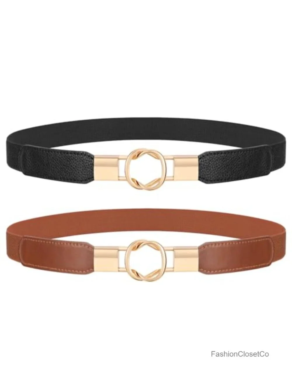 Elastic Stretchy Skinny Waist Belt with Metal Buckle, Faux Leather Gold